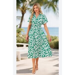 0654 NWT FENSACE Midi Summer / Vaca Floral Dress Small Puff Short Sleeve